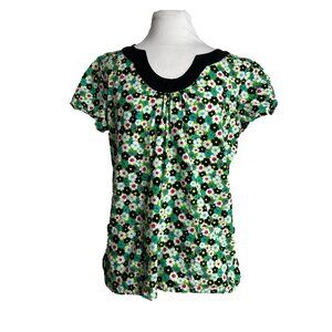 Los Angeles Rose Scrub Top Womens Size Medium Cotton Green Black Pink Floral